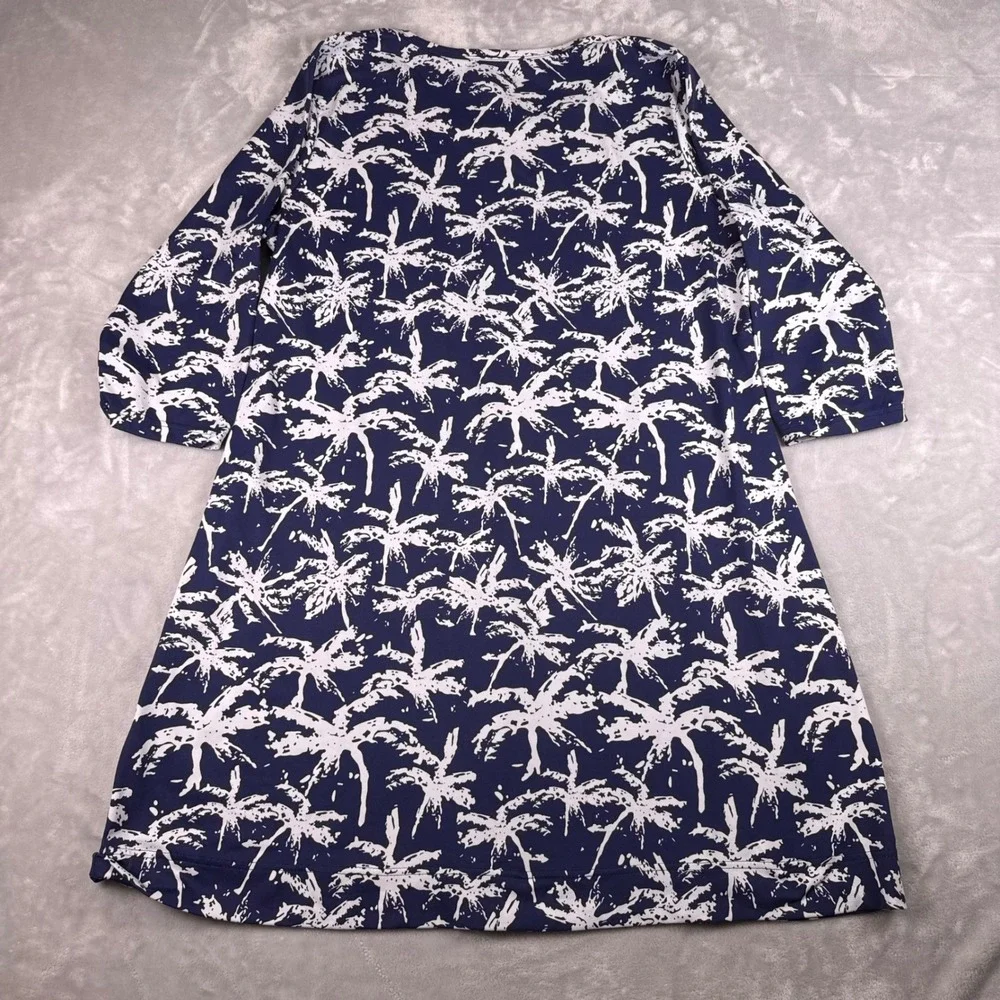 Lulu-B Womens XL Navy Blue White Palm Tree Print 3/4 Sleeve Stretch Shift Dress